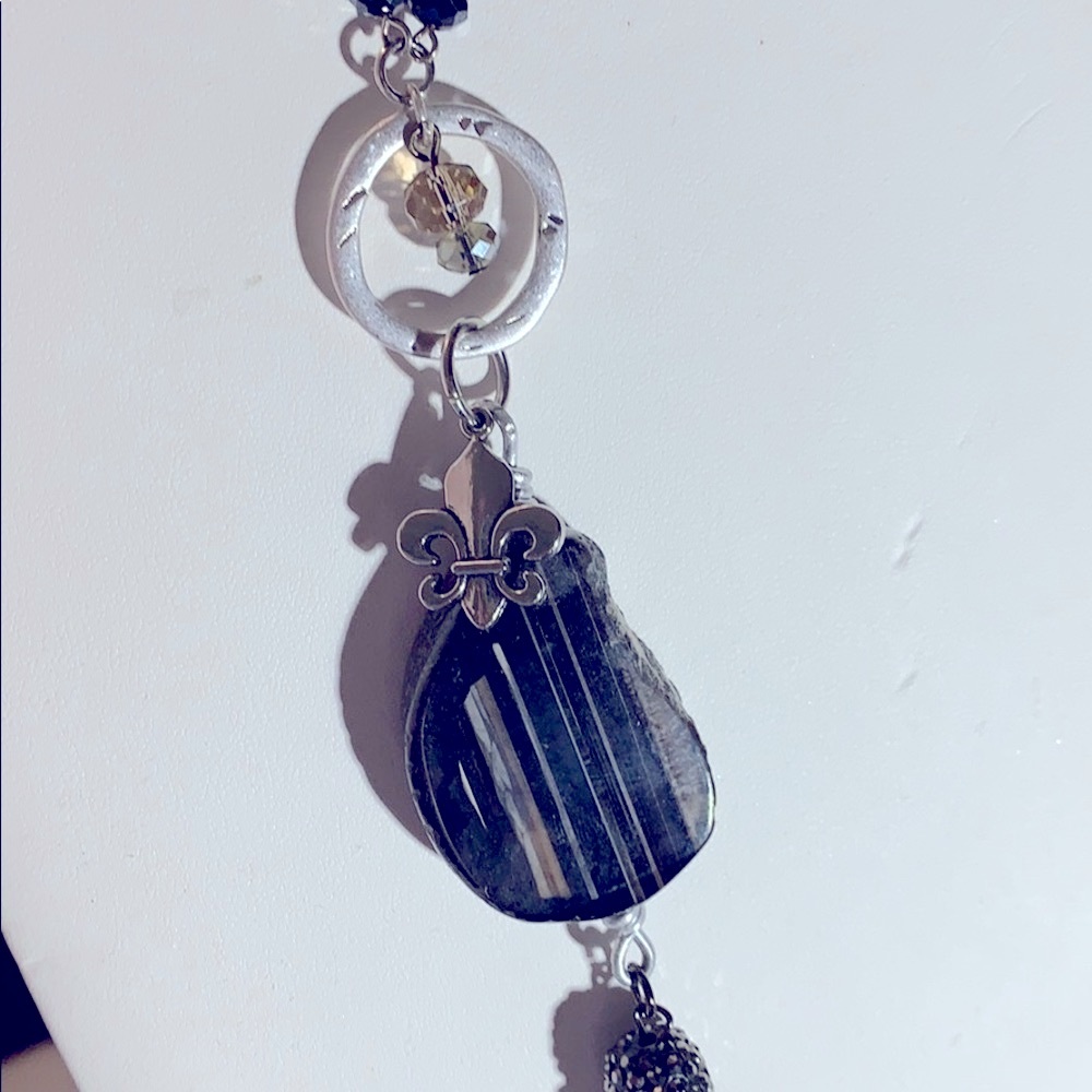 Black Rosary style tassel Necklace w/ Stone